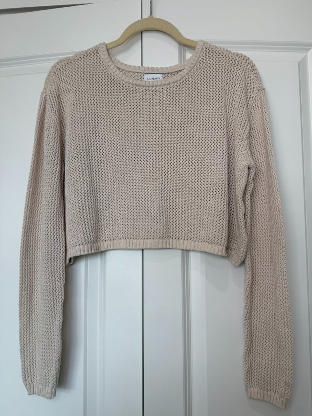 L.A. Hearts Beige Cotton Open Knit Cropped Sweater S
